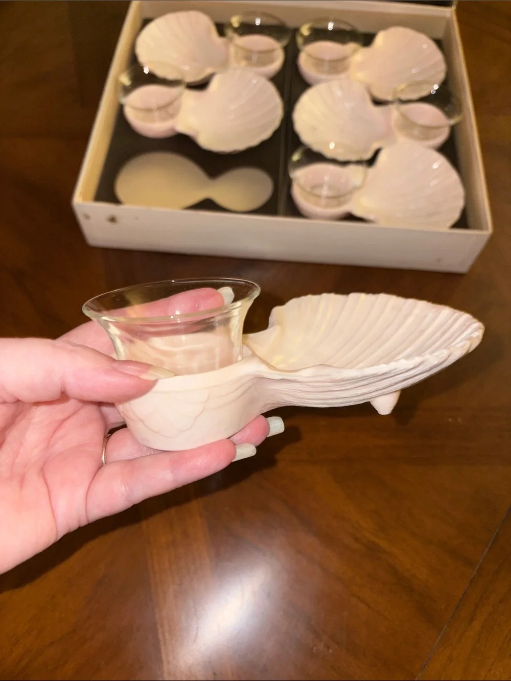 Vintage MCM KAROFF Sea-Servers Set of-6 Cocktail Pale Pink Shell Seafood Shrimp